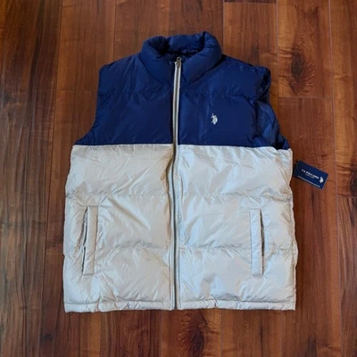 U.S. Polo Assn. Color-Block Puffer Vest Tan Navy Mens XL NWT - Image 1 of 4