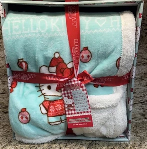 Hello Kitty Christmas Sweater Teal Plush Sherpa Throw Blanket 60"X90" - Picture 1 of 4