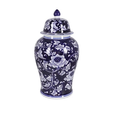 Vase Keramisch mit Blumen Blau Glasiert Im Stil Östlich Und Deckel - Bild 1 von 4