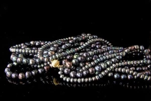 VINTAGE 585 14K GOLD BAROCK SCHWARZE PERLE 5 STRÄNGE HALSKETTE MR - Bild 1 von 6