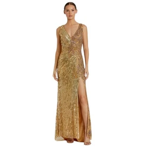 Mac Duggal NUEVO Talla 2 Dorado Cuentas Floral Sin Mangas Max Vestido Estilo 5473 Nuevo con Etiquetas - Imagen 1 de 14