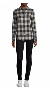 Elizabeth & James Womens Ivory Black Plaid Flannel Blouse Size L - Picture 1 of 10