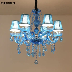 Blue Crystal Chandelier Fabric Lampshade European style Candle Pendant Lamp Home - Picture 1 of 9