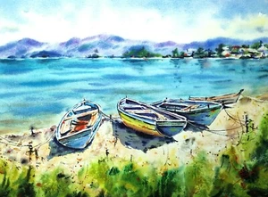 Original watercolor painting Italy landscape Boats Seascape painting 11"x15" - Picture 1 of 3
