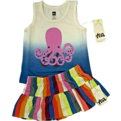 Nuevo con etiquetas Conjunto de camiseta sin mangas y falda a rayas pulpo azul 9-12 meses Tea Collection para niñas Foto 1 de 4