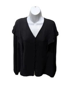 NWT Nine West Black Long Sleeve Button Flounce Trim Blouse Womens XL V Neck Top - Picture 1 of 11