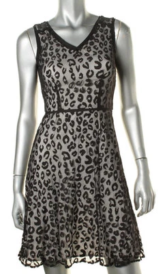 Marc New York~ Vestido de Fiesta Negro Tul Leopardo Superpuesto Doble V Acampanado 0 NUEVO $138 Foto 1 de 4