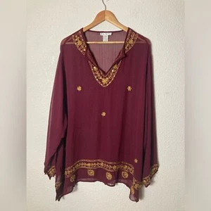 Ulla Popken burgundy purple red sheer blouse long sleeve fairy beading 24-26 - Picture 1 of 6