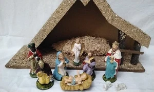 Vintage Christmas Nativity w Manger Made Italy 10 Pc Mary, Joseph, Kings, Angel - Picture 1 of 17