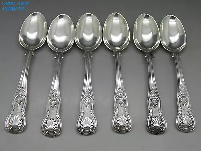 ANTIQUE VICTORIAN SUPERB SET 6 SOLID SILVER KINGS HOURGLASS TEASPOONS 175g 1856 • 20.52$
