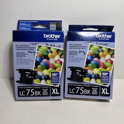 2x Genuine Brother LC75BK XL High Yield Black Ink Cartridges 8446 New Sealed - Image 1 of 2