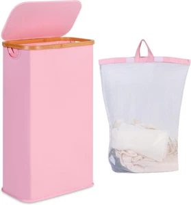 Cesta de lavandería delgada 60L rosa plegable con tapa asas de bambú bolsa extraíble dormitorio - Imagen 1 de 7