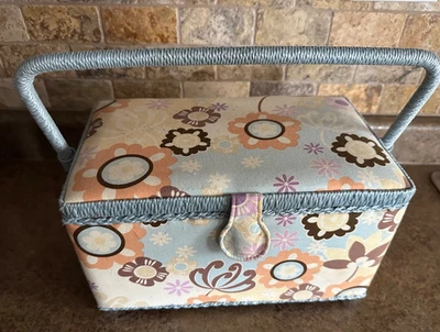Sewing Basket Light Blue Mod Floral Print ~ Empty Inside - Storage Box - Image 1 of 4