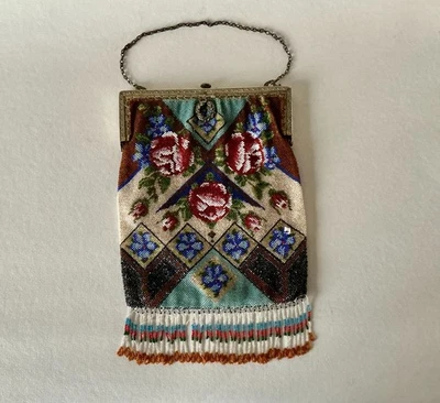 Antique Micro Beaded BAG PURSE with Roses & Fringe GERMANY 1920s Art Deco ExC - Image 1 of 4