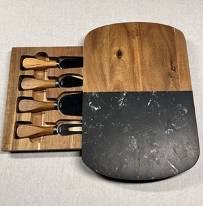 Puppy Bowl Black Marble And Wood Charcuterie Cheese Board Set 4 Piece Utensils - Picture 1 of 13