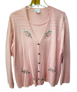 Cárdigan Suéter Koret Rosa Para Mujer XL Floral Bordado Botón Frontal En Capas - Imagen 1 de 3