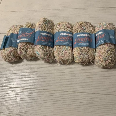 Vintage Reynolds Graffiti Yarn Cotton Aran Medium Ivory Blue Yellow Pink Lot 6 - Image 1 of 4