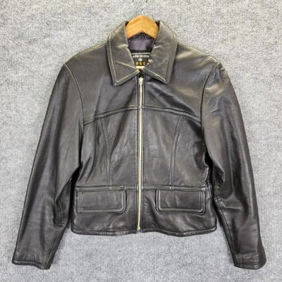 Chaqueta de cuero Express para mujer pequeña negra con cremallera frontal motociclista anillo en D cintura puños con cremallera Foto 1 de 4