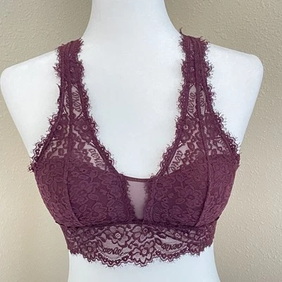 Aerie Maroon Eyelash Lace Plunge Padded Bralette Women’s Size Small Convertible - Image 1 of 4