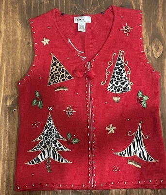 Chaleco Kikit Maurice Sasson Rojo Navidad/Árboles Embellecidos Mujer Talla M Guepardo Foto 1 de 4