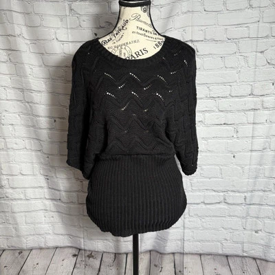 Suéter Favorecedor Figura Manga Dolman Tejido Acanalado Cuello Redondo Abierto Negro M Foto 1 de 4