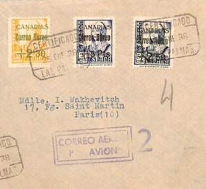 Spain Civil War *CANARIAS* Air Mail Cover Reg'd CANARY ISLANDS 1938 Paris XZ274 - Picture 1 of 12