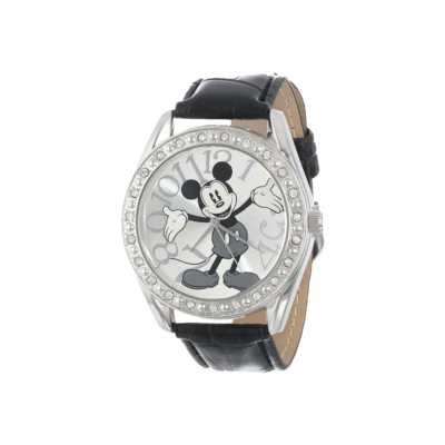 Disney MK1015 Mickey Mouse Diseño Vintage Bisel Estrás, Banda de Cuero Negro Foto 1 de 2