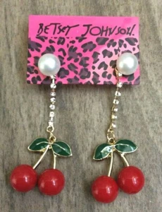 Betsey Johnson Red Cherries Dangling Crystal Strand Pearl Stud Earrings New! - Picture 1 of 2