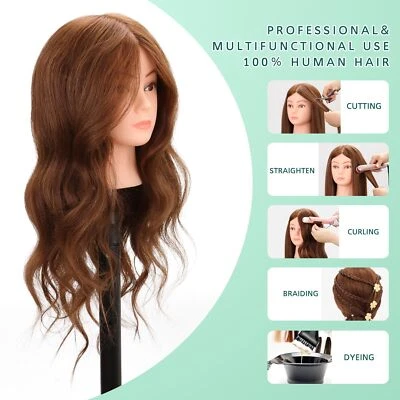 Cabeza Maniquí Cabello Humano Real con Soporte Maniquí Cosmetología Muñeca Entrenamiento Foto 1 de 4