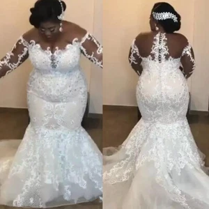 Mermaid Wedding Dresses Long Sleeves African Lace Beaded Bridal Dress Plus Size - Picture 1 of 12