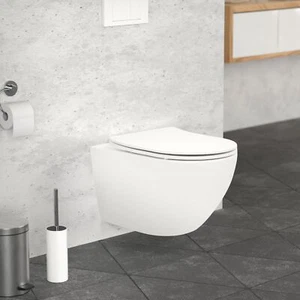 Colgante de pared sin borde de lavado inodoro largo blanco, mate inodoro cierre suave asiento de inodoro - Imagen 1 de 10