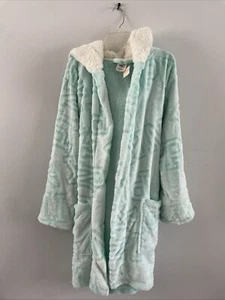 Victoria Secret Pink Robe Hooded Plush Fleece Logo XS - S Aqua Waist Tie Pocket - Picture 1 of 8
