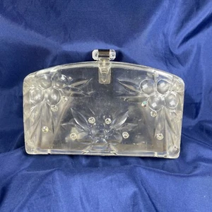 Vintage 1950's Clear Plastic Lucite Clutch Handbag Purse Rhinestones - Picture 1 of 15
