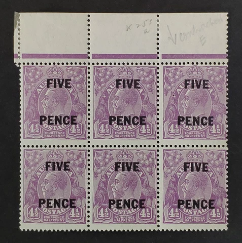 AUSTRALIA. GV ERROR! 1930 5d on 4 1/2d Violet block of 6 stamps. Unmounted mint Cover
