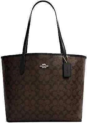 Coach City Tote In Signature Canvas - Black/ Brown (5696)
