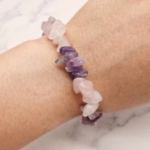 Natural Amethyst Rose Quartz Gemstone Chip Beads Stretchy Bracelet Reiki Chakra - Picture 1 of 10