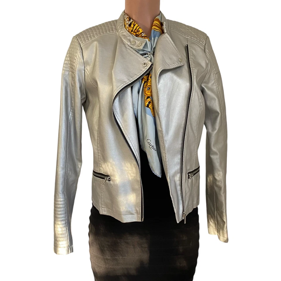 Silver Metallic Moto Biker Vegan Leather Jacket by a.n.a M - Image 1 of 3
