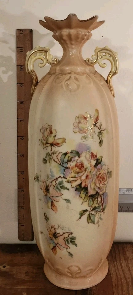 ANTIQUE ROYAL RUDOLSTADT VASE HAND PAINTED FLORAL GERMANY PORCELAIN TWO HANDLE  - Image 1 of 4