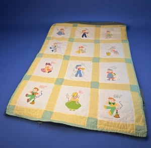 Vintage Hand Painted & Stitched Baby Quilt Nursery Rhymes 45”x58” Green Yellow - Picture 1 of 16