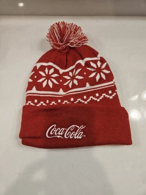 Coca Cola Beanie Hat Toboggan Ski Red White Winter Hat Embroidered with Pom-Pom - Image 1 of 4