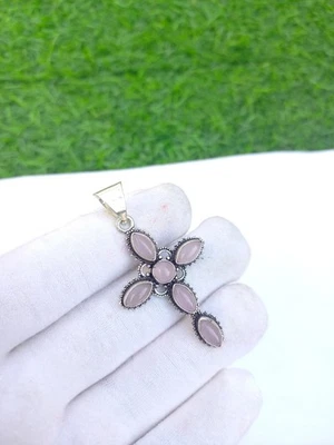 Colgante Cruz Plata de Ley 925 Cuarzo Rosa Piedras Preciosas Joyería Foto 1 de 4