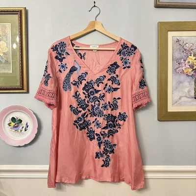 Sundance Embroidered Pink Blouse Medium Peacock Silk Resort Vacation Colorful - Image 1 of 4