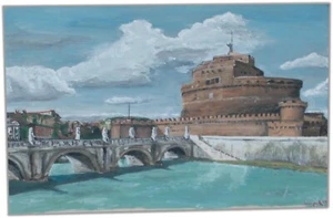 ► Castel Sant'Angelo ENGELSBURG ROM Mausoleum des Hadrian ORIG. Tempera 38x25cm - Bild 1 von 2