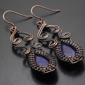 Blue Sapphire Gemstone Mum Gift Wire Wrapped Earrings 3" Jewelry G10199