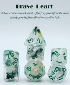 Brave Heart Dice Clear Dice w/ Flowers Foil Green 7-Dice Set Rpg - Picture 1 of 4