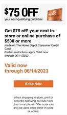 Home Depot Coupon $75 off $500 In-store or Online w/ HD Card Valid Thru 06/14/23