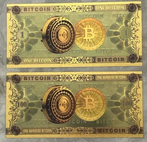 2 PACK 💥100 & 1 Bitcoin BTC Bank Note Crypto Banknote 24K Gold Foil - Picture 1 of 13