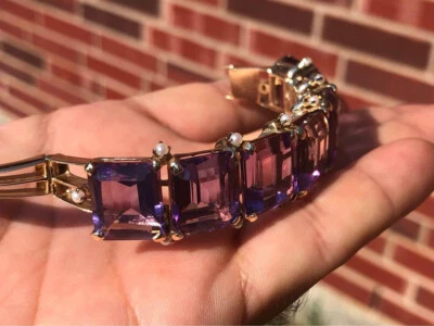 ВИНТАЖНЫЙ золотой браслет браслет 14K желтый реальный драгоценный камень аметист жемчуг ювелирные изделия - Изображение 1 из 4