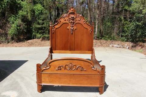 Spectacular Heavily Carved Walnut Victorian Queen Bed with Birds Nest Crown Cover