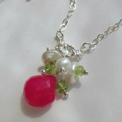 PLUMERIA FRANGIPANI Chalcedon Peridot Perlen Kette 925 Silber Collier Blüte - Bild 1 von 4